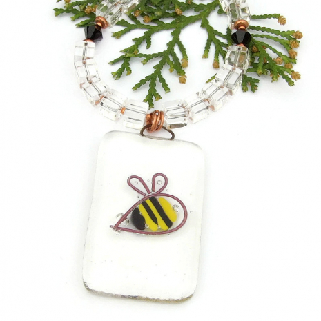 bumblebee bee pendant necklace handmade yellow black quartz swarovski