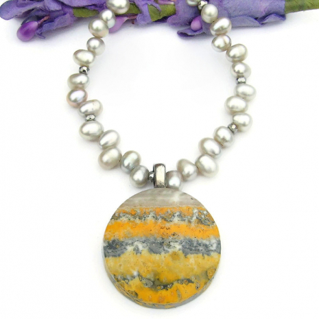 bumblebee jasper gemstone handmade necklace orange yellow gray