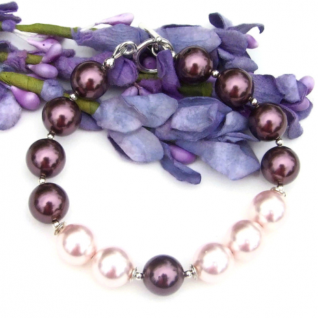 burgundy purple rosaline pink swarovski pearl handmade bracelet