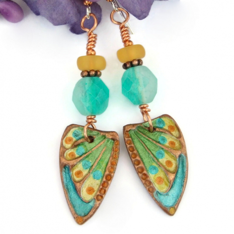 butterfly wing jewelry aqua yellow green hand painted