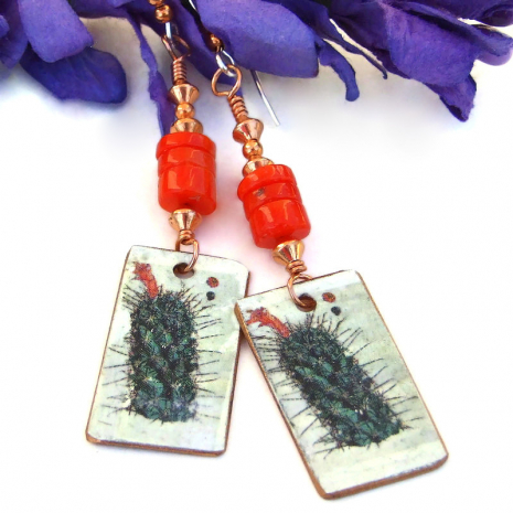 cactus copper red coral handmade dangle jewelry
