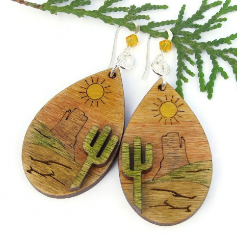 cactus sun desert landscape earrings handmade wood swarovski crystals