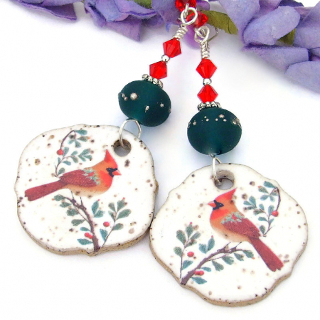 cardinal bird christmas holiday earrings red green ceramic lampwork crystals
