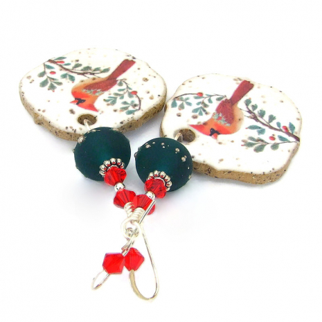 cardinal bird christmas holiday jewelry red green ceramic lampwork crystals
