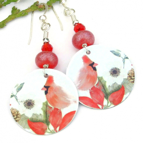 cardinal bird holiday christmas earrings handmade red lampwork jewelry