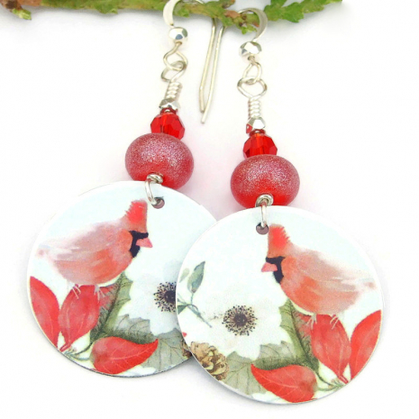 cardinal bird holiday christmas jewelry handmade red lampwork earrings