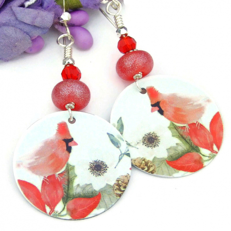 cardinal poinsettia christmas jewelry red lampwork bird lover holidays