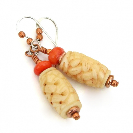 basket weave carved bone jewelry red coral handmade