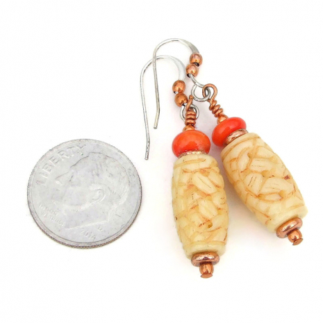 carved bone red coral earrings basket weave handmade copper
