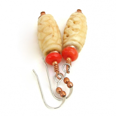 carved bone red coral jewelry basket weave handmade copper
