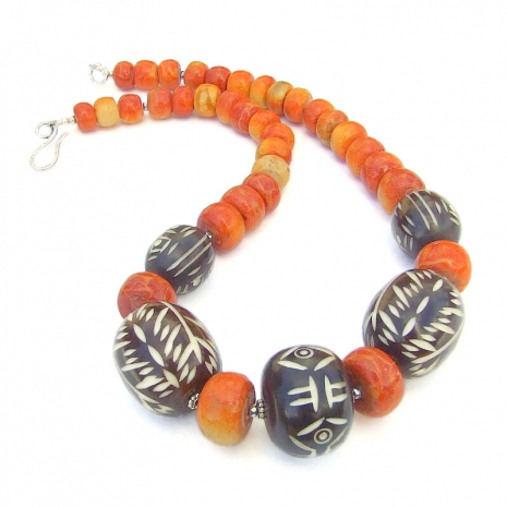 carved brown white bone orange coral handmade tribal statement necklace gift
