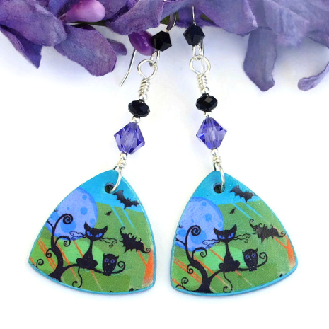 cat bats owl Halloween earrings lightweight swarovski crystals black onyx