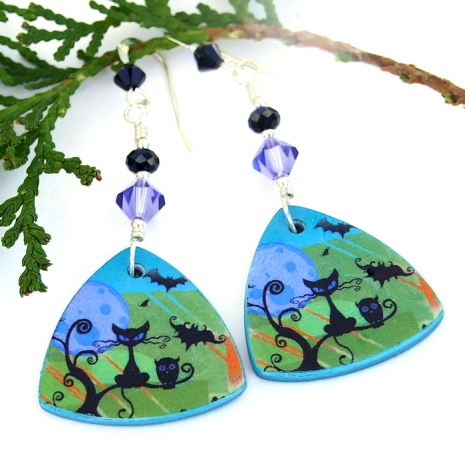 cat bats owl Halloween jewelry lightweight swarovski crystals black onyx