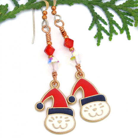 cat lover christmas earrings handmade kitty cat holiday jewelry swarovski