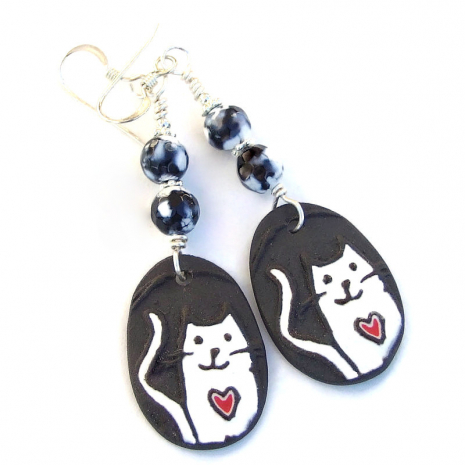 cat lover earrings handmade ceramic kitty hearts gift for her
