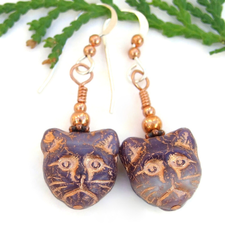 cat lover earrings handmade kitty calico czech glass copper