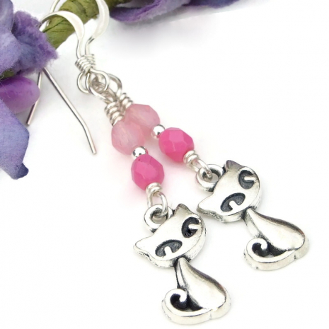 cat lover earrings pink silver handmade kitty jewelry