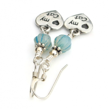 cat lover handmade jewelry paw prints hearts silver aqua