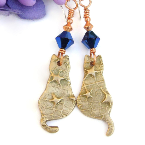 cat lover jewelry cats stars kitties handmade blue swarovski crystals bronze