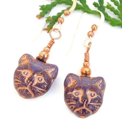 cat lover jewelry handmade kitty calico czech glass copper
