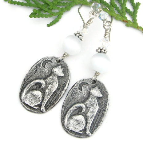 cat moon white cats eye beads earrings pewter swarovksi crystals handmade