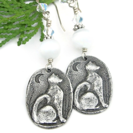 cat moon white cats eye beads jewelry pewter swarovksi crystals handmade