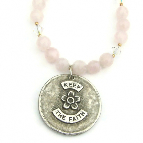 catholic keep the faith necklace pink rose quartz