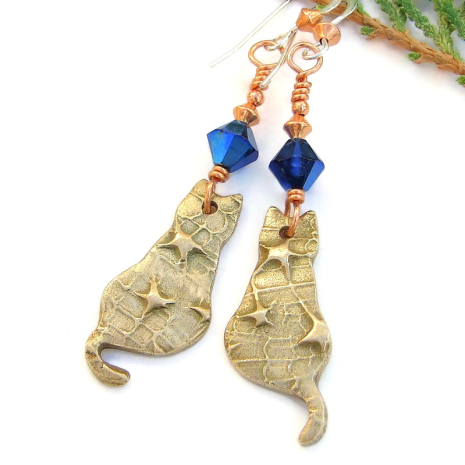 cats kitties stars earrings handmade blue swarovski crystals bronze