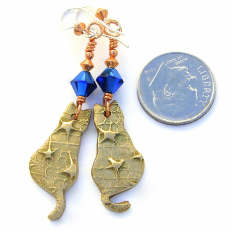 cats kitties stars jewelry handmade blue swarovski crystals bronze