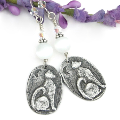 cats moons pewter handmade jewelry vintage cats eye beads swarovski crystals