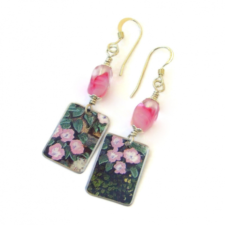 celestial seasonings tea tin earrings pink flowers green