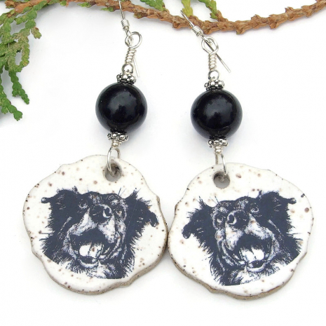 ceramic black white happy dog lover earrings handmade onyx gemstones