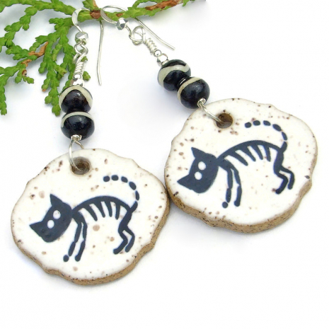 ceramic black white skeleton cat earrings handmade halloween day of the dead