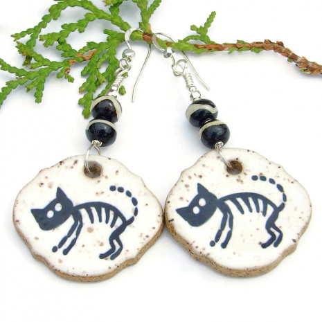 ceramic black white skeleton cat jewelry handmade halloween day of the dead