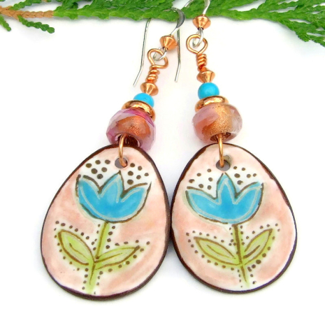 ceramic blue flower tulip boho earrings hand painted handmade jewelry gift