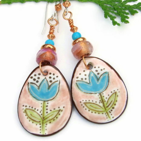 ceramic blue flowers tulips boho jewelry hand painted handmade earrings gift