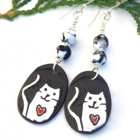ceramic cat lover handmade earrings kitty hearts white red