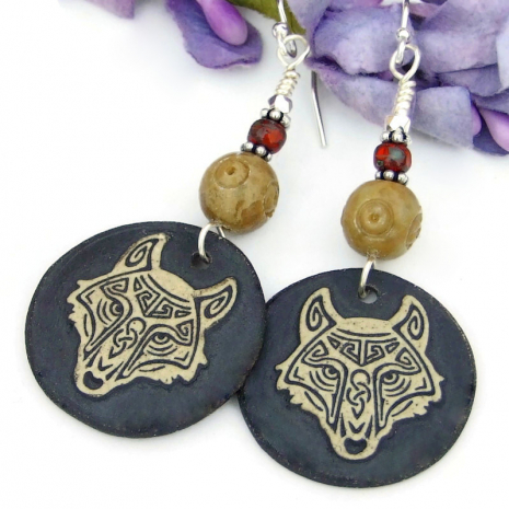 ceramic celtic wolf head earrings handmade soapstone red glass