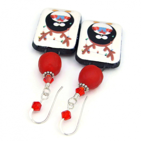 ceramic christmas penguin reindeer handmade jewelry black white red
