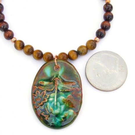 ceramic dragonfly lotus flower pendant jewelry green brown tigers eye handmade