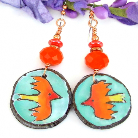 ceramic firebirds earrings handmade bird lover gift
