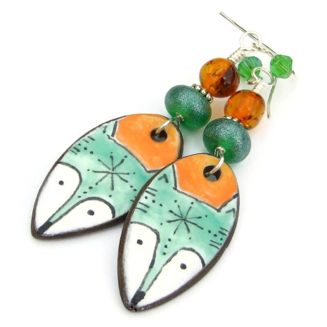 ceramic fox face hand painted earrings handmade gift for her
