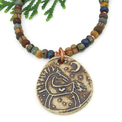ceramic horse crescent moon heart jewelry handmade earthy striped Czech beads