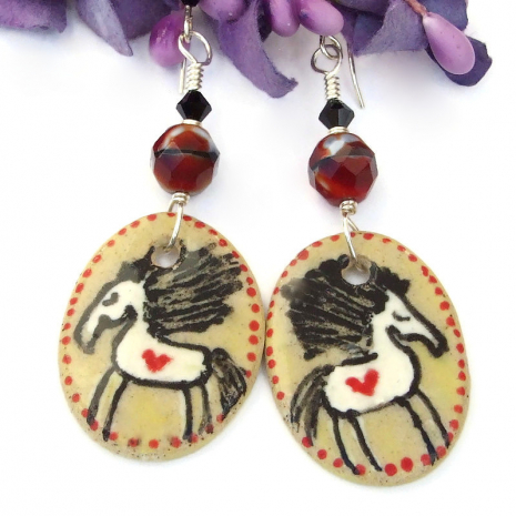 ceramic horse horses dangle earrings hand painted