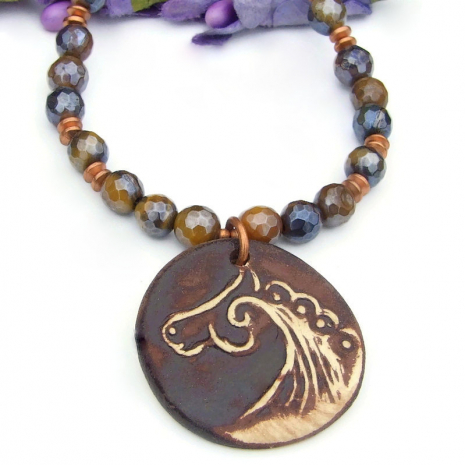 ceramic horse lover spiral necklace handmade tigers eye titanium gemstones