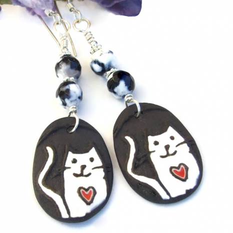 ceramic kitty cat lover hearts jewelry white red fire agate gemstones