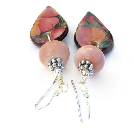 ceramic pink flower handmade floral jewelry lampwork beads