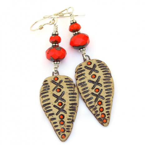 ceramic shield earrings orange beads handmade gift for her