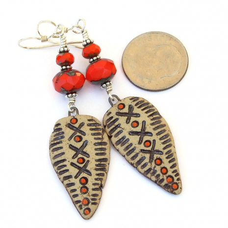 ceramic shield jewelry orange beads handmade gift for her