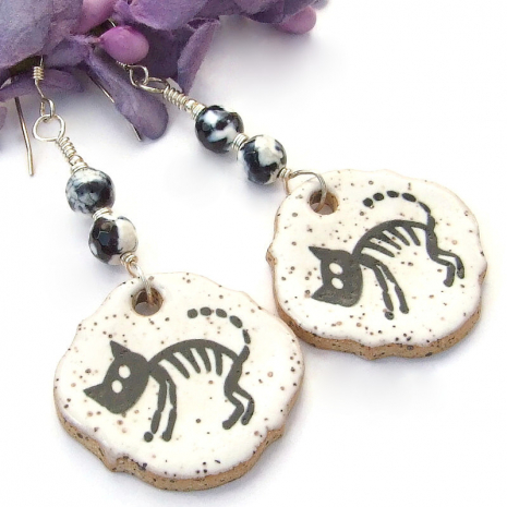 ceramic skeleton black cat halloween earrings handmade